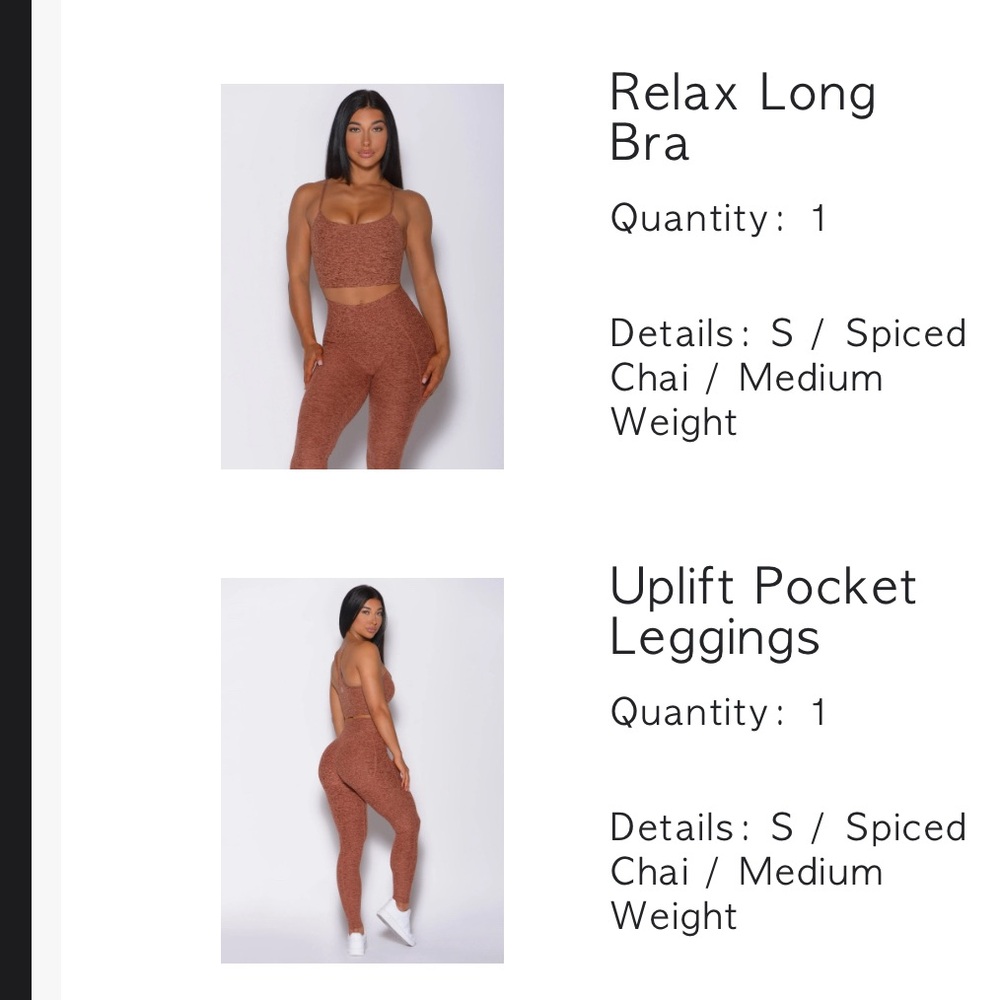 Bombshell Uplift Pocket Leggings + Relax Long Bra. Both in Spiced Chai color.